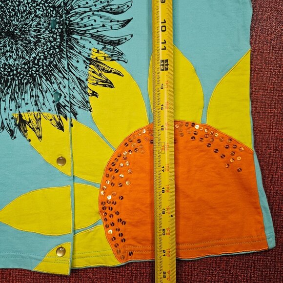 Smitten By Michael Simon Sunflower Print Cardigan M Button Up Beaded Art to Wear - Picture 7 of 8